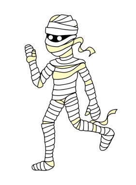 Cadılar Bayramı 'nda tatlı bir mumya çizgi filmi. Vektör illüstrasyonu beyaz arkaplanda izole edildi.