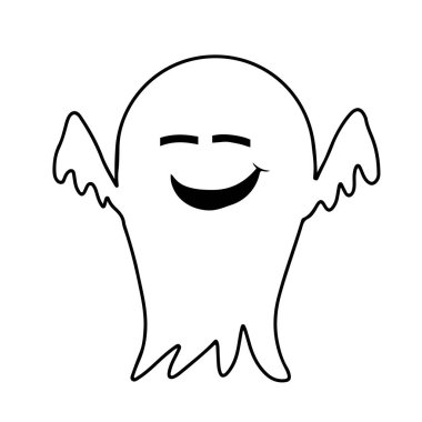 Küçük beyaz hayalet gülümseyen çizgi film karakteri. Vektör illüstrasyonu beyaz arkaplanda izole edildi.