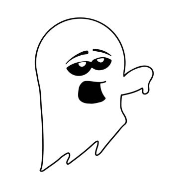  Küçük beyaz hayalet, çizgi film karakterini tasvip etmiyor. Vektör illüstrasyonu beyaz arkaplanda izole edildi.