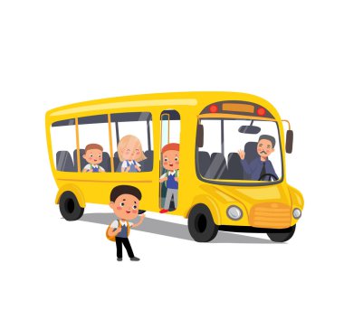 Öğrenci karikatürlü sarı okul otobüsü.