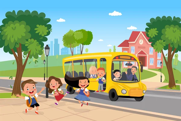 Διάνυσμα κινουμένων σχεδίων κίτρινο σχολικό λεωφορείο με μαθητή Royalty Free Διανύσματα Αρχείου