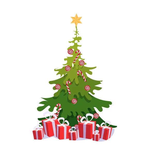 Vector árbol de navidad plano con cajas de regalo — Vector de stock