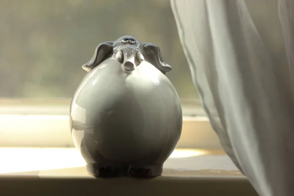 Gri domuz kumbarası fili pencere eşiğinde. Bozukluklar. Kurtarıyorum. Para için. Banka