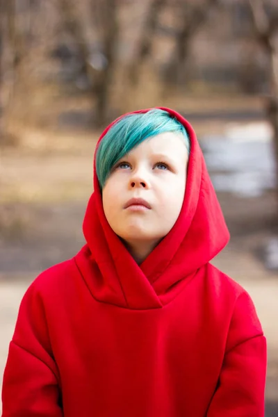 Kırmızı kapüşonlu çekici bir gencin portresi.