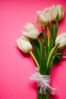 Bahar sabah kavramı. Düz-lay üzerinde açık pembe renkli çiçekler, sizin metin için yer ile Üstten Görünüm