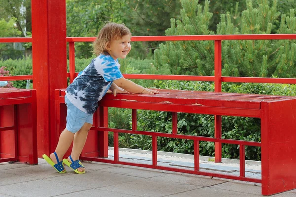 Mutlu zamanlarda ahşap bir çardakta otururken gülümseyen küçük bir çocuğun portresi..