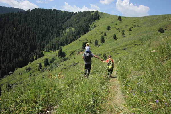 Ein Mann Und Ein Junge Gehen Mit Einem Wanderrucksack Sommerwald lizenzfreie Stockbilder