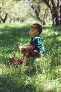 Çocuk çimenlerin üzerinde düşünceli bir şekilde oturur. Çizgili tişörtlü şirin bir erkek bebek güneşli bir yaz gününde bahçede oturup oynuyor. Küçük çocuk parkta oturup kuru yapraklarla oynuyor..
