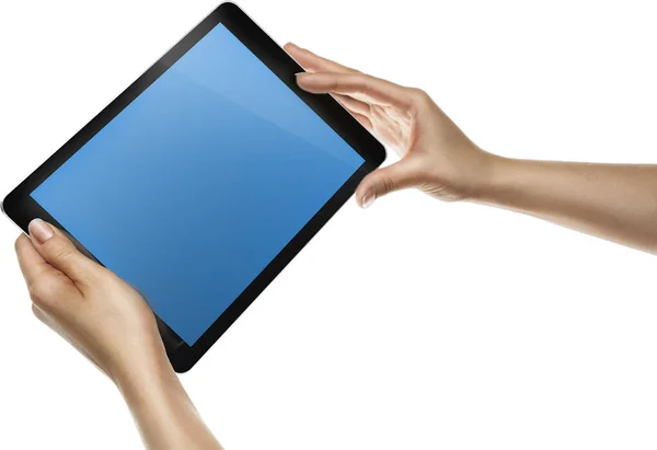 Vrouwelijke Handen Die Tablet Vasthouden Met Blanco Scherm Geïsoleerd — Stockfoto
