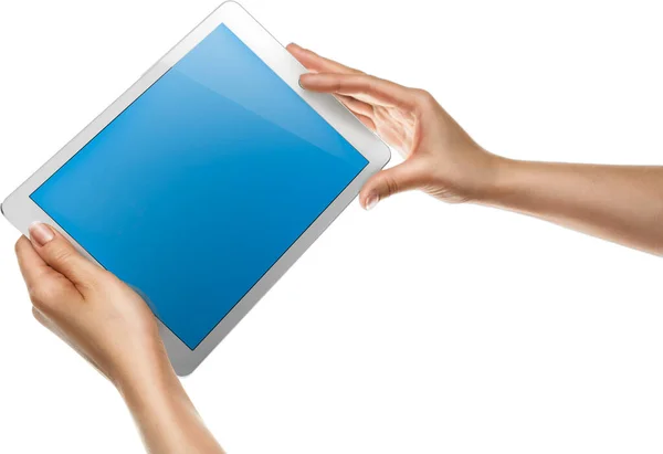 Vrouwelijke Handen Die Tablet Vasthouden Met Blanco Scherm Geïsoleerd — Stockfoto