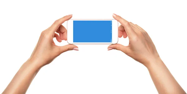 Female Hands Holding Phone Blank Screen Isolated — Stock Photo, Image