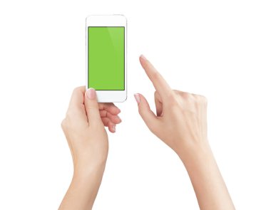 Boş ekran izole edilmiş cep telefonu tutan kadın eller