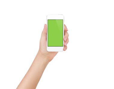 Boş ekran izole edilmiş cep telefonu tutan kadın eller
