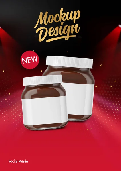 チョコレートスプレッドモックアップフロントビューと2つのガラスジャー 広告の背景 3Dレンダリング — ストック写真