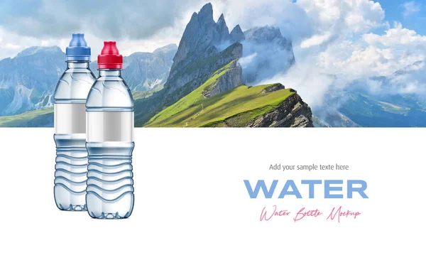 Plastic Water Bottles Mockup Mountain Landscape Background — Stok fotoğraf