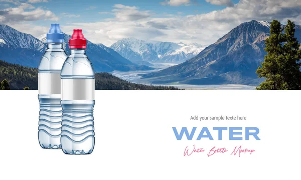 Plastic Water Bottles Mockup Mountain Landscape Background — Stok fotoğraf