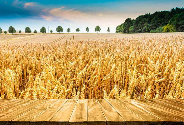 Leerer Holztisch Über Weizenfeld Hintergrund — Stockfoto