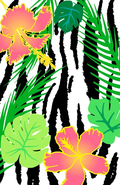 Abstract tiger stripes with tropical plants and flowers, exotic animal skin design background. — Stock vektor