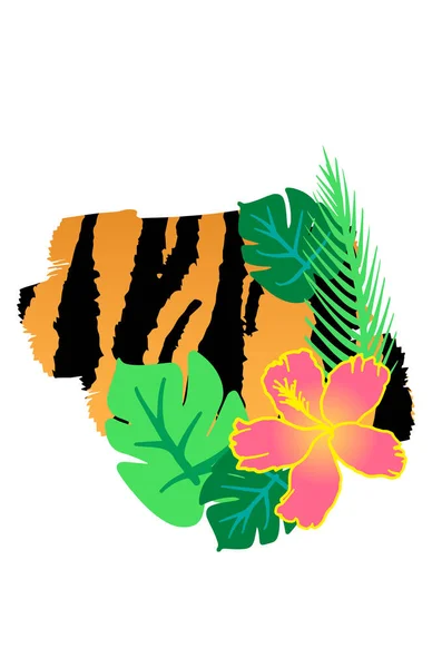 Абстрактні тигрові смуги з тропічними рослинами та квітами, екзотичний дизайн шкіри тварин . — стоковий вектор