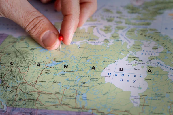 Kanada Připíchla Mapu Světa Kanada Cestovní Destinace Plánování Připíchnutý — Stock fotografie