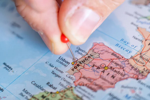 Portugalsko Připíchlo Mapu Světa Portugalsko Plánuje Destinaci Iberský Poloostrov Koncept — Stock fotografie