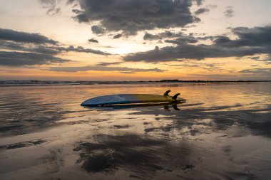Gün batımında sahildeki sörfçüden izole edilmiş sörf tahtası..