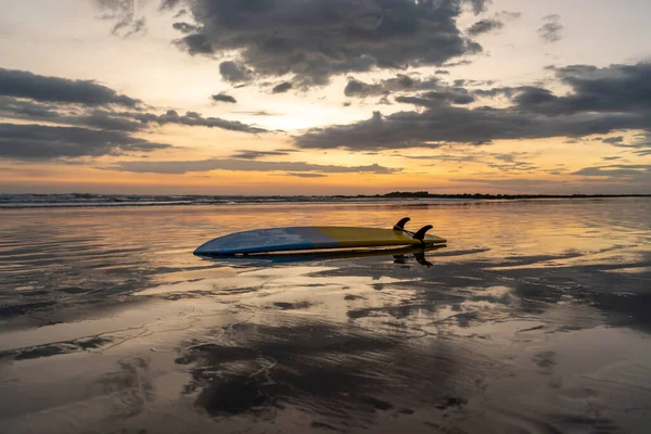 Gün batımında sahildeki sörfçüden izole edilmiş sörf tahtası..