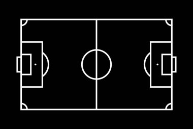 Futbol sahası. Futbol sahasının yukarısından bak. Contour siyah arkaplan üzerindeki çizgileri sınırlandırır