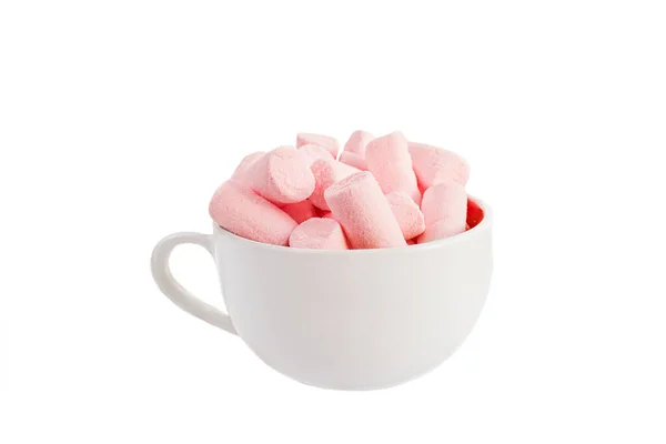 Großer Becher Heiße Schokolade Und Rosa Marshmallows Isoliert Auf Weißem — Stockfoto
