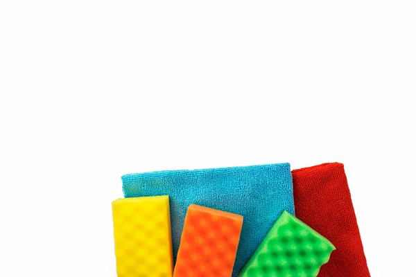Colored Sponges Rags Cleaning Isolated White Background Place Your Textcleaning — Stock Photo, Image