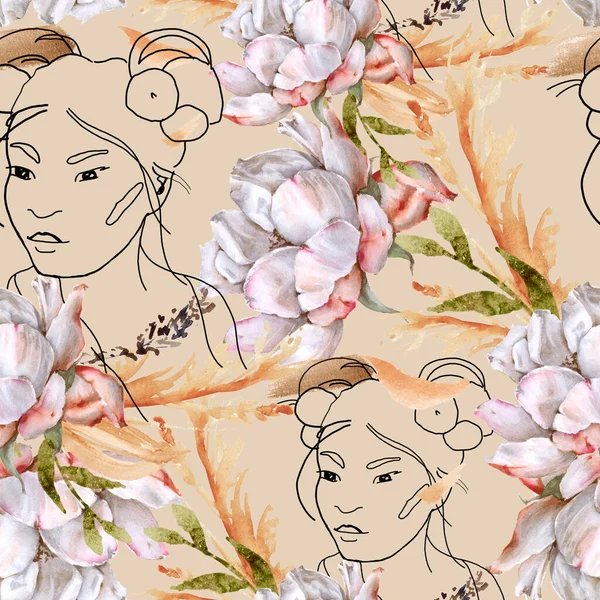 Hintergrund mit Silhouetten von Mädchen und Blumen. Nahtloses Muster. — Stockfoto