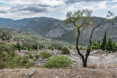 Delphi 'deki antik bir dağ tapınağının kalıntılarında akşam.