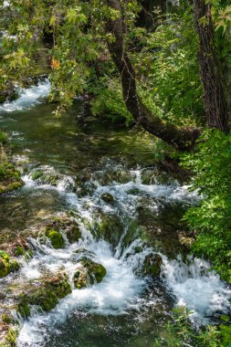 Yunanistan 'ın Livadia kentinde, paslı tekerleği olan eski bir su değirmeninin kalıntılarının yanında bir dağ deresi akıyor..