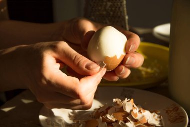 Haşlanmış yumurta suyu fotoğrafının yumurta kabuğunu çıkaran kadın. Mutfak masasında yumurta kabuğu soymak, yemek malzemeleri, yemek pişirmek..