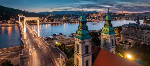 Будапешт Венгрия Воздушная Панорама Будапешта Сумерках Вид Включает Внутренний Город — стоковое фото