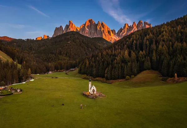 Val Funes Dolomites Italy Air View Beautiful Johann Church Chiesetta — 图库照片