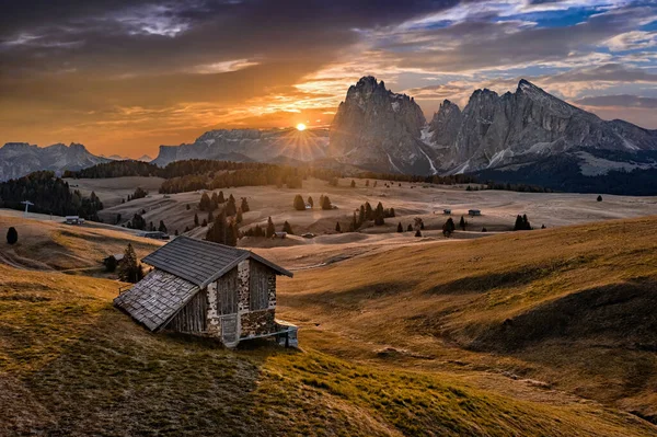 Seiser Alm Italien Blick Aus Der Luft Auf Eine Holzhütte — Stockfoto