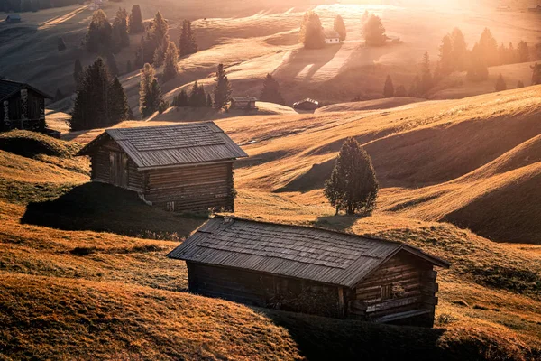 Alpe Siusi イタリア Seiser Alm イタリアのドロミテ 南チロルで暖かい秋の日の出に高山草原の伝統的な木造キャビン — ストック写真