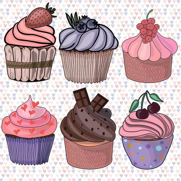 Σετ Από Cupcakes Cupcake Γλυκά Κέικ Σοκολάτα Κρέμα Μάφιν Φράουλα — Διανυσματικό Αρχείο