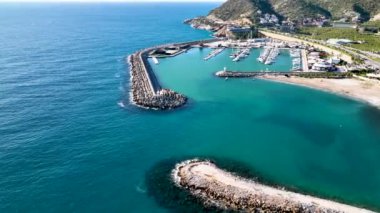 Yachts in the port aerial view 4 K Alanya Turkey