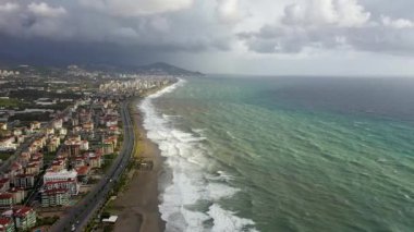 Storm at sea filmed on a drone in the sunset