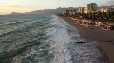 Storm at sea filmed on a drone in the sunset