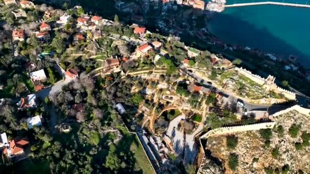 Alanya Castle Alanya Kalesi Aerial View Mountain City Turkey — стоковое видео