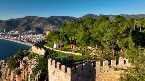 Alanya Castle Alanya Kalesi Aerial View Mountain City Turkey — Vídeos de Stock