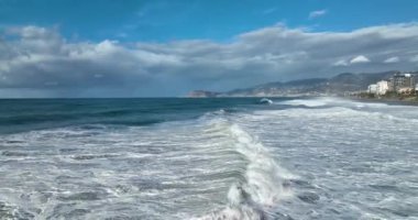 Storm at sea filmed on a drone in the sunset