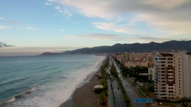 Storm at sea filmed on a drone in the sunset