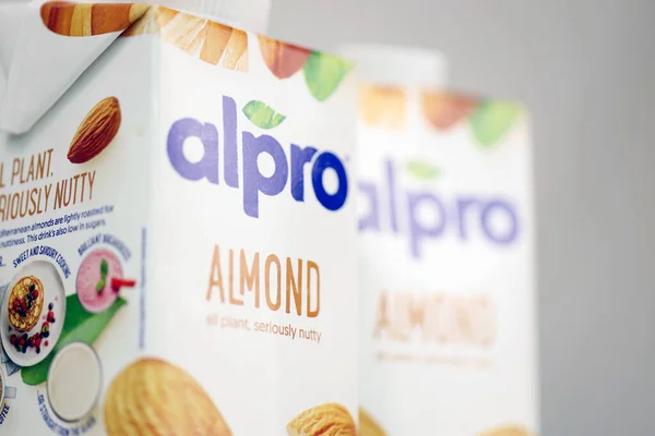 Kharkov Ukraine July 2020 Alpro Almond Hazelnut Milk Packs Produced — стокове фото
