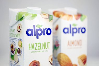 KHARKOV, UKRAINE - 2 Temmuz 2020: Avrupa 'daki Wevelgem, Belçika merkezli Alpro badem ve fındık süt paketleri