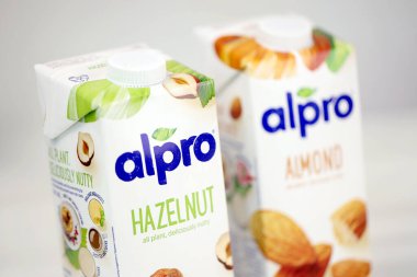 KHARKOV, UKRAINE - 2 Temmuz 2020: Avrupa 'daki Wevelgem, Belçika merkezli Alpro badem ve fındık süt paketleri
