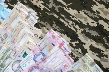 Ukrayna hrivnya 'sı Ukrayna askeri piksel kamuflajlı kumaş dokusuna sahip. Gri, kahverengi ve yeşil pikselli kamuflaj desenli kumaş. Ukrayna askerlerinin resmi üniforması yaklaşıyor.